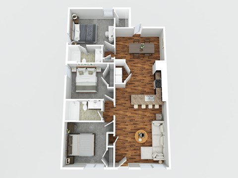 A top down view of a house layout with a kitchen, living room, and bathrooms.